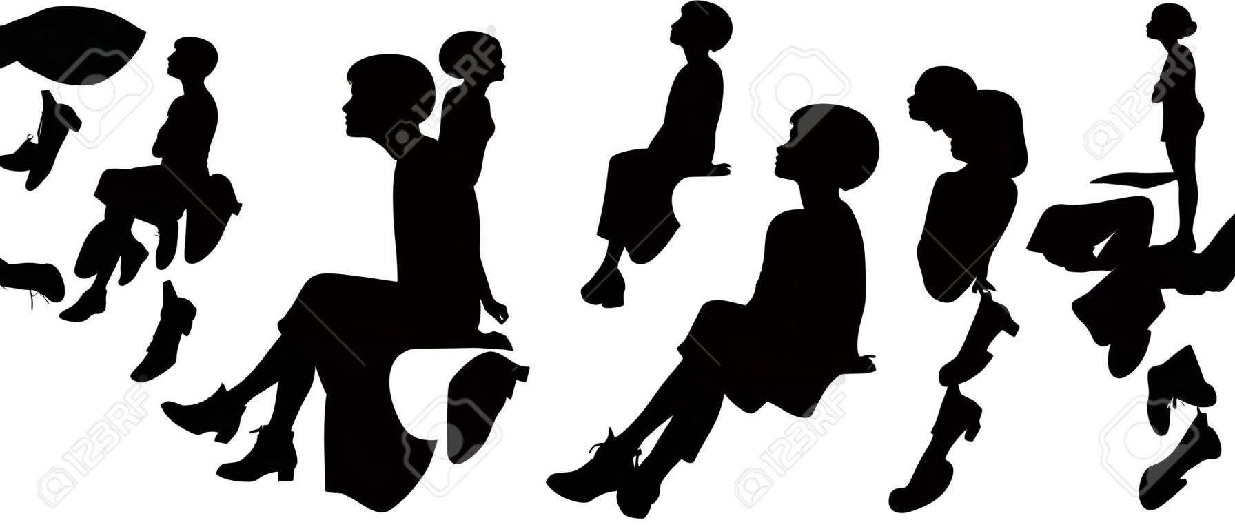年輕的男人和女人黑色剪影坐在戶外在不同的姿勢，正面，背面和檔案瀏覽