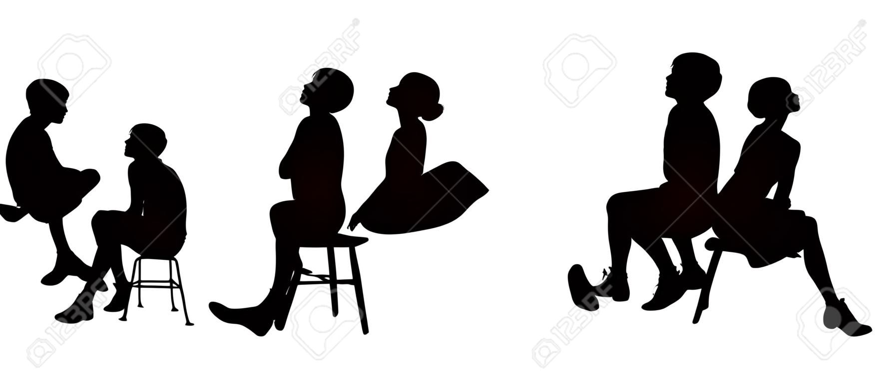 black silhouettes of young men and women seated outdoor in different postures, front, back and profile views