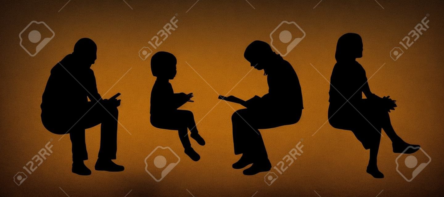 schwarzen Silhouetten von jungen Frauen, ein Mann und ein kleines Mädchen sitzt in verschiedenen Haltungen Außen Lesen, Sprechen am Telefon oder einfach nur beobachten, Profilansichten