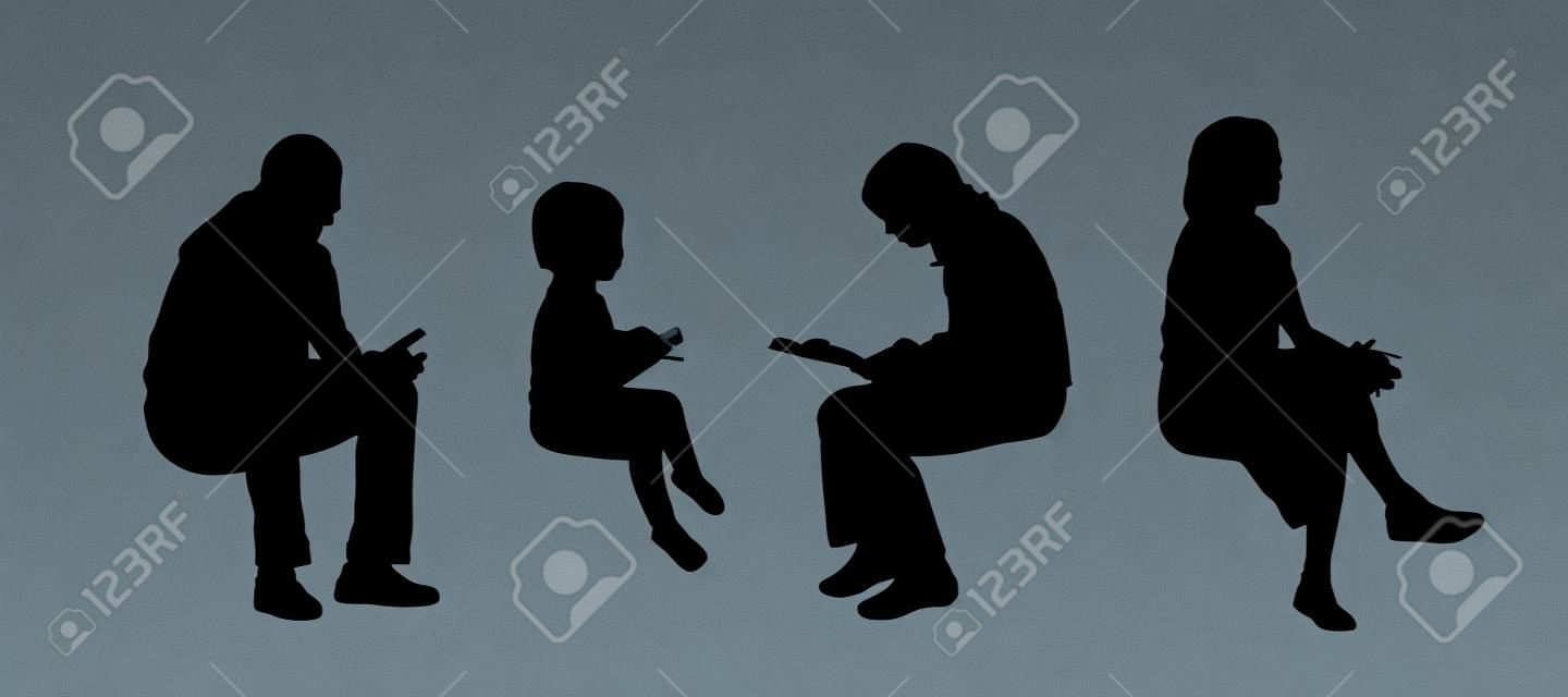 black silhouettes of young women, man and a little girl seated outdoor in different postures reading, speaking on the phone or just watching, profile views