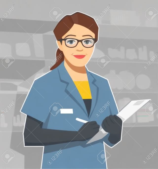 Female pharmacy assistant holding clipboard in hand. Vector illustration.