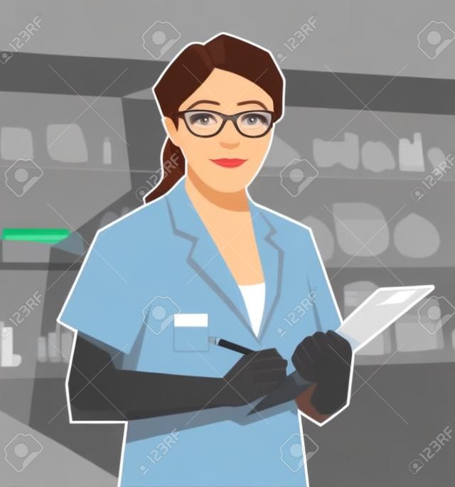 Female pharmacy assistant holding clipboard in hand. Vector illustration.