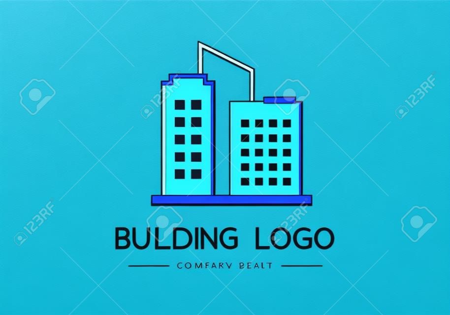 Logo di edificio blu e verde, vettore di società di affari di marca nero e blu su sfondo bianco, idea di costruzione di identità creativa, design di architettura grafica reale moderna