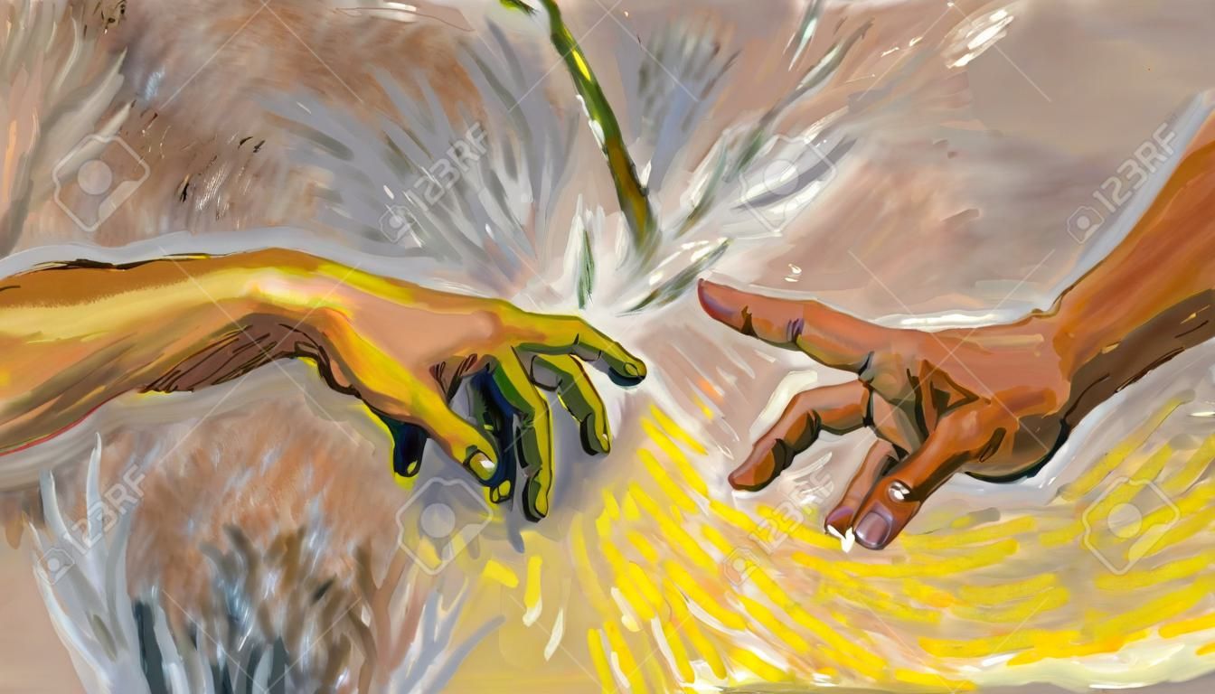 Detail des Gemäldes der Erschaffung Adams von Michael Angelo im Stil von Vincent van Gogh. Gottes rechter Arm ist ausgestreckt, um den Lebensfunken in die Hand Adams zu übertragen. generative KI