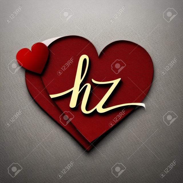 lettera iniziale del logo HZ a forma di cuore di colore rosso, design del logo per invito a nozze, nome del matrimonio e ragione sociale.