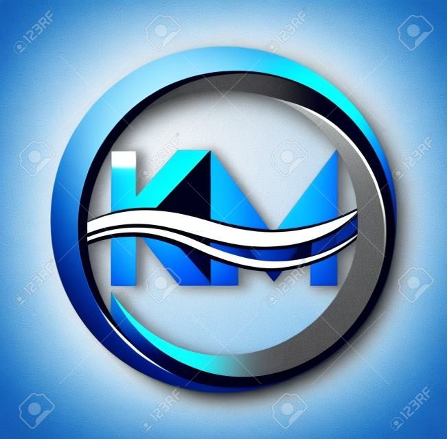 initial letter logo KM company name blue and grey color on circle and swoosh design. vector logotype for business and company identity.