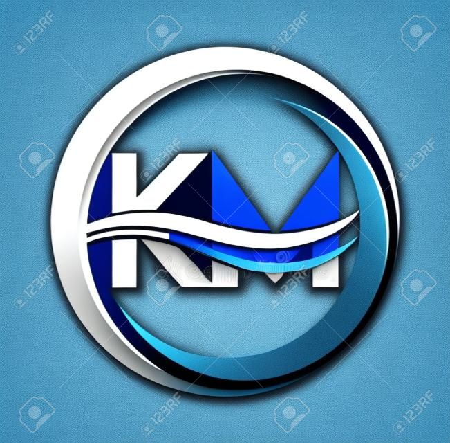 logo della lettera iniziale KM nome dell'azienda colore blu e grigio sul cerchio e design swoosh. logotipo vettoriale per identità aziendale e aziendale.
