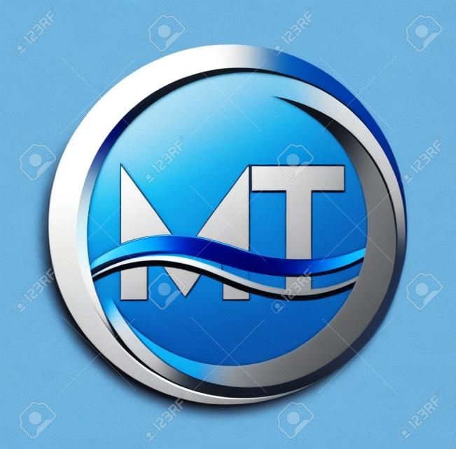 initial letter logo MT company name blue and grey color on circle and swoosh design. vector logotype for business and company identity.