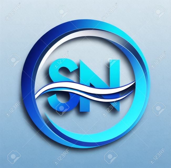 initial letter logo SN company name blue and grey color on circle and swoosh design. vector logotype for business and company identity.