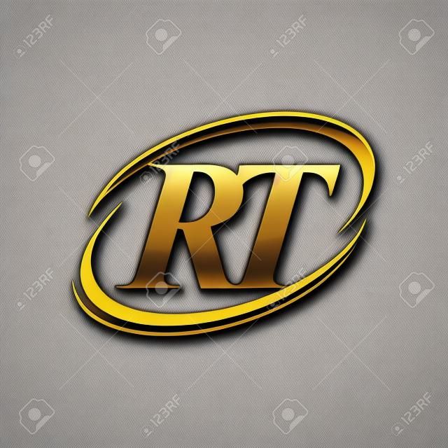 initial letter RT logotype company name colored gold and silver swoosh design. isolated on black background.