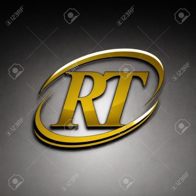 initial letter RT logotype company name colored gold and silver swoosh design. isolated on black background.