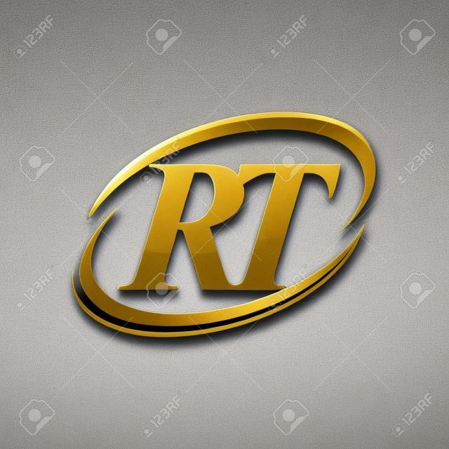 Pierwsza litera rt logotyp nazwa firmy w kolorze złotym i srebrnym. na białym tle na czarnym tle.