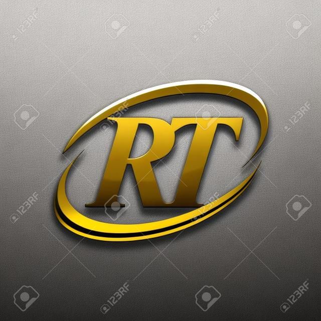 lettera iniziale logotipo RT nome dell'azienda design swoosh color oro e argento. isolato su sfondo nero.