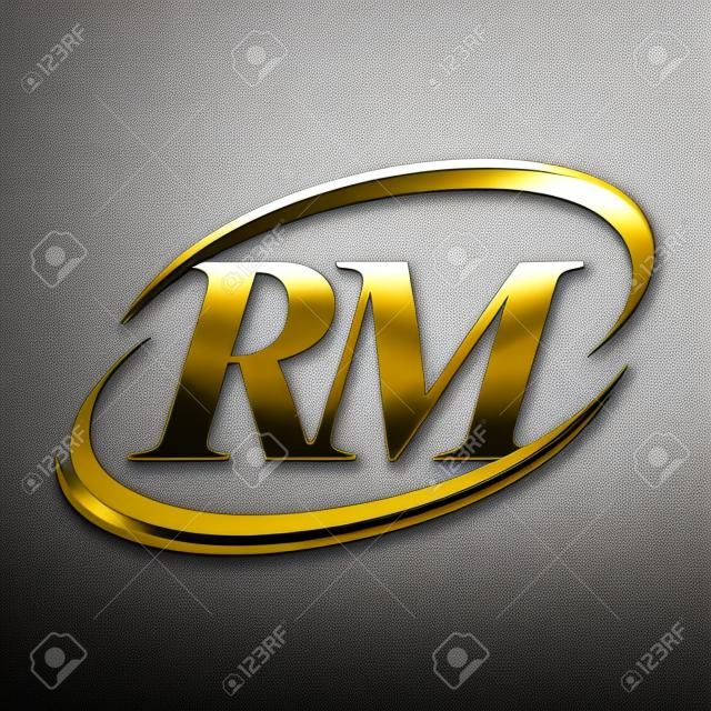 initial letter RM symbol company name colored gold and silver swoosh design. isolated on black background.