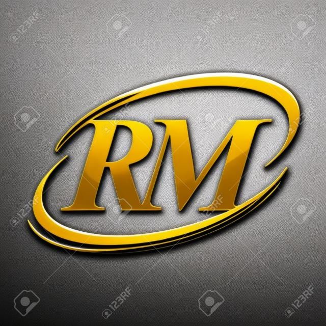 initial letter RM symbol company name colored gold and silver swoosh design. isolated on black background.