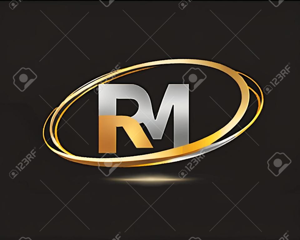 initial letter RM logotype company name colored gold and silver swoosh design. isolated on black background.
