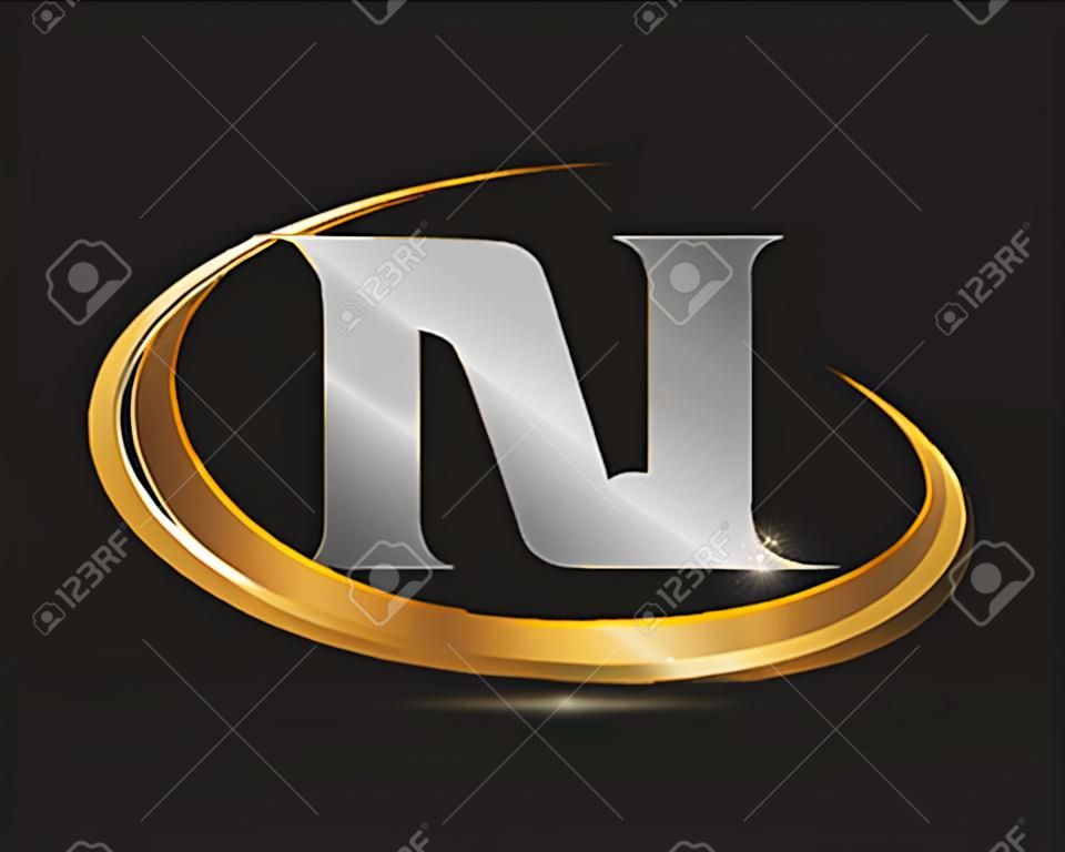 initial letter RM logotype company name colored gold and silver swoosh design. isolated on black background.