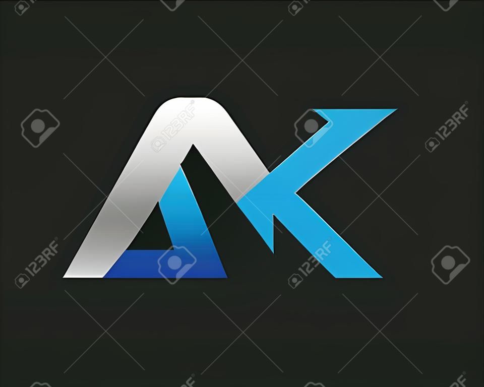 initial letter AK logotype company name colored blue and silver swoosh design. isolated on black background.