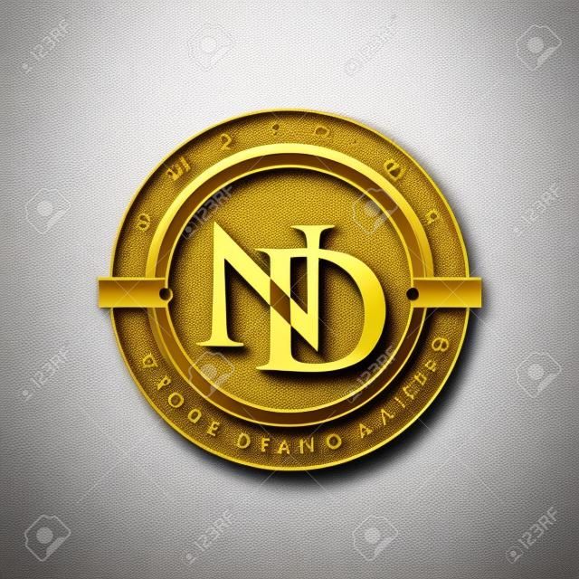 initial letter logo ND gold and white color, with stamp and circle object, Vector logo design template elements for your business or company identity.