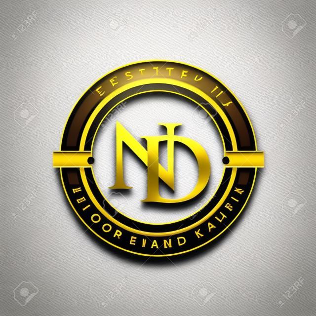 initial letter logo ND gold and white color, with stamp and circle object, Vector logo design template elements for your business or company identity.
