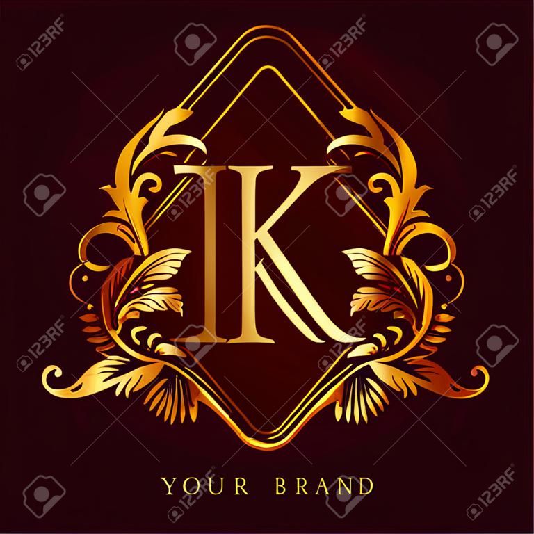 장신구와 고전적인 패턴이 있는 황금색의 초기 로고 문자 kk, 비즈니스 및 회사 ID를 위한 벡터 로고.