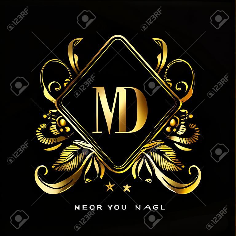 Carta de logotipo inicial MD com cor dourada com ornamentos e padrão clássico, logotipo vetorial para negócios e identidade da empresa.