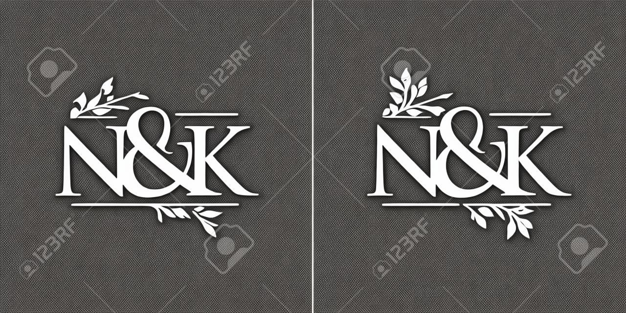 NK Initial logo, Ampersand initial Logo with Hand Draw Floral, Initial Wedding Font Logo Isolated on Black and White Background.
