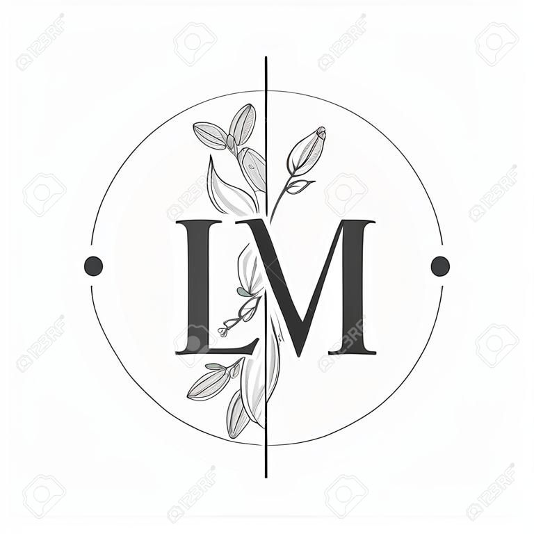 Początkowe logo litery lm z ręcznie narysowanym kwiatowym, początkowym logo czcionki ślubnej z kółkiem i kwiatami.