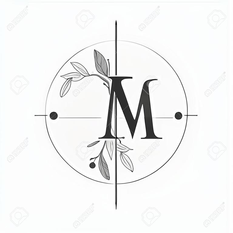 Letra LM Logotipo inicial com mão desenhar floral, Logotipo inicial da fonte do casamento com círculo e flores.