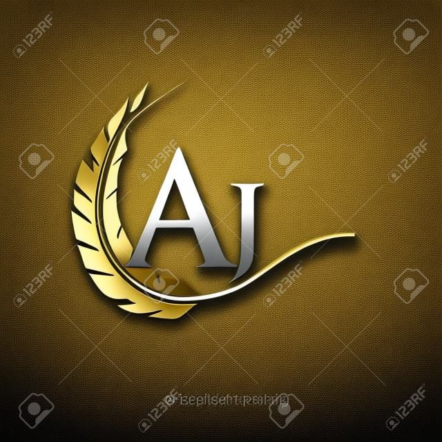 Lettera iniziale AJ logo con colore oro piuma e argento, design semplice e pulito per il nome dell'azienda. Logo vettoriale per aziende e aziende.