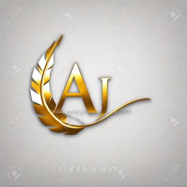 Logotipo inicial da letra AJ com ouro da pena e cor de prata, projeto simples e limpo para o nome da empresa. Logotipo do vetor para o negócio e a empresa.