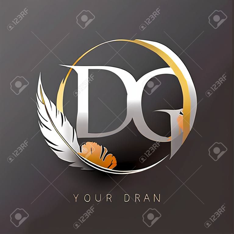 Lettera iniziale DG logo con piuma color oro e argento, design semplice e pulito per il nome dell'azienda. Logo vettoriale per aziende e aziende.