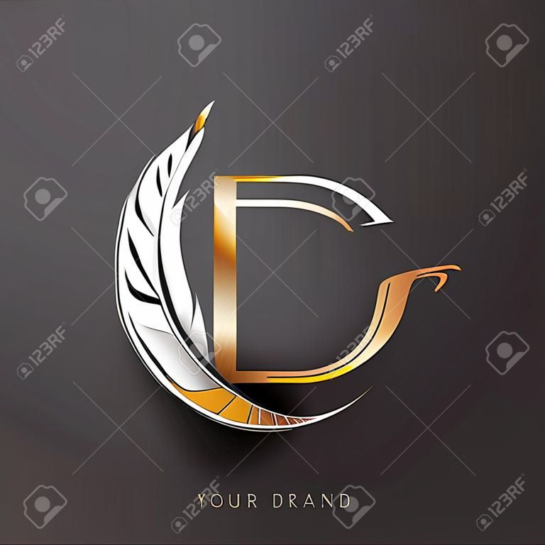 Logotipo de letra inicial DG con pluma de color dorado y plateado, diseño simple y limpio para el nombre de la empresa. Logotipo vectorial para empresas y negocios.