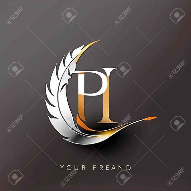 Lettera iniziale PH logo con colore oro piuma e argento, design semplice e pulito per il nome dell'azienda. Logo vettoriale per aziende e aziende.