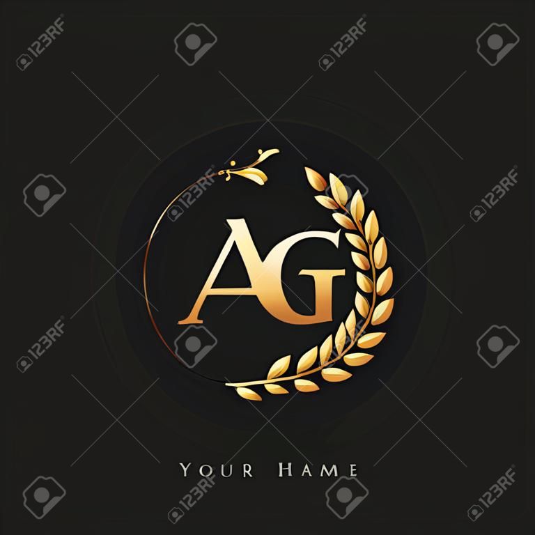 Letra del logotipo inicial AG con color dorado con laurel y corona, logotipo vectorial para la identidad comercial y de la empresa.