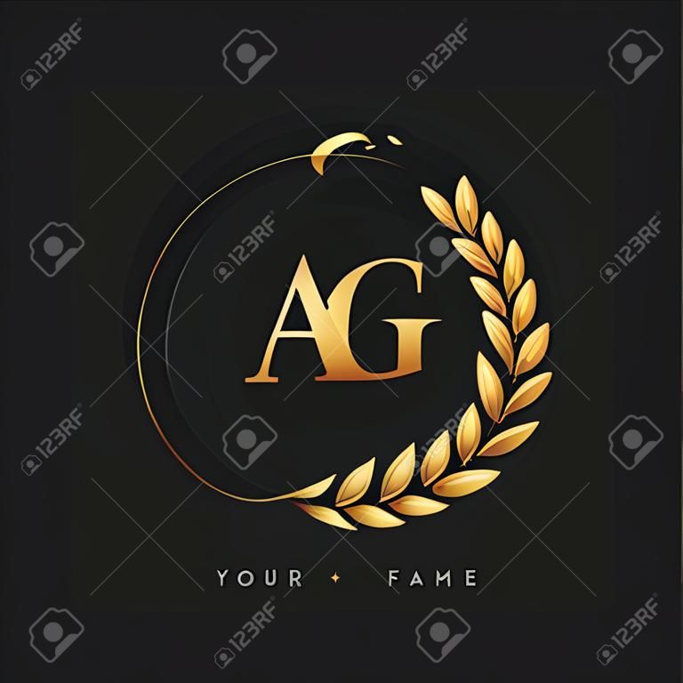 Lettera iniziale del logo AG con colore dorato con alloro e corona, logo vettoriale per identità aziendale e aziendale.