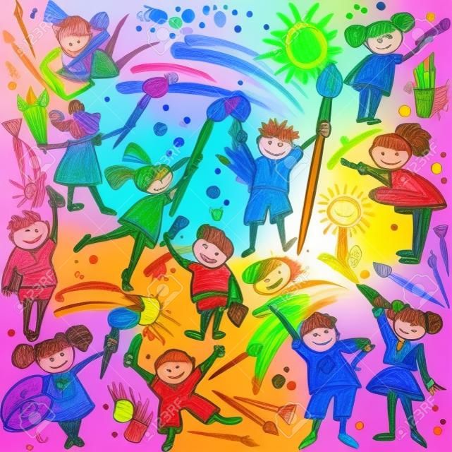快樂的孩子用畫筆和五顏六色的蠟筆畫