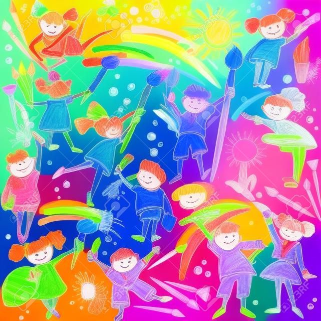 快樂的孩子用畫筆和五顏六色的蠟筆畫