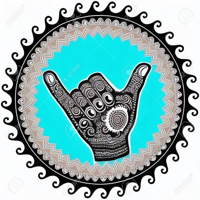 Shaka hand sign in round wave ornament