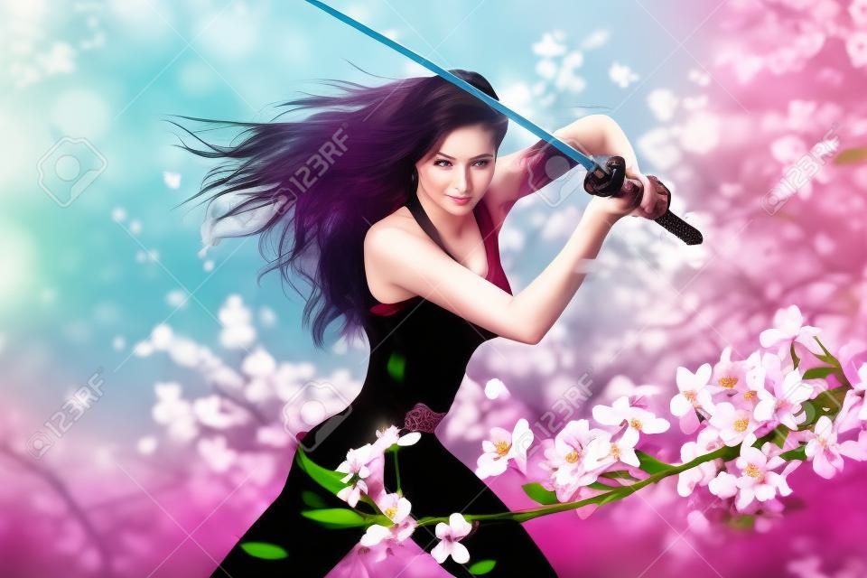 Linda morena com espada katana no ambiente floral primavera