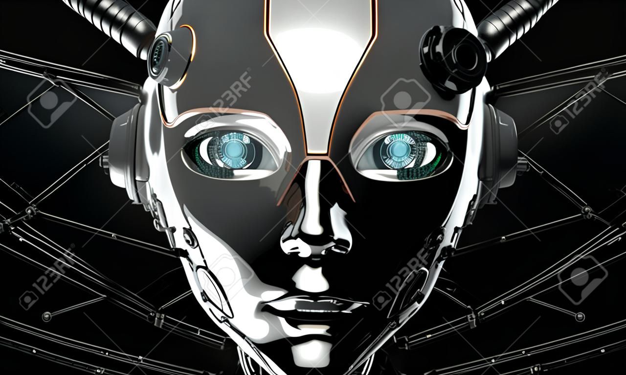 Weibliches Botgesicht auf dunklem digitalem Hintergrund. Künstliche Intelligenz in der virtuellen Realität. Roboterkopfkonzeptdesign-Nahaufnahmeporträt. 3d render