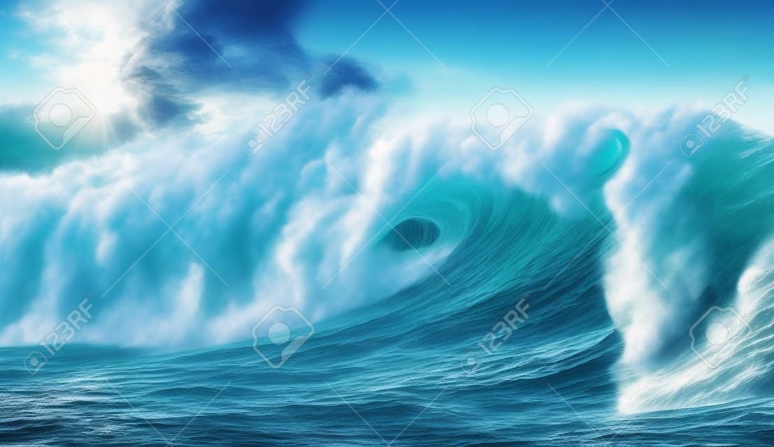 Enorme golven crashen in de oceaan. Zeegezicht omgeving achtergrond. Water textuur met schuim en spatten. Hawaiian surf spots met niemand