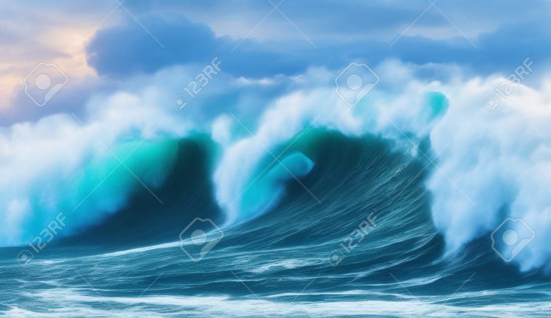Enorme golven crashen in de oceaan. Zeegezicht omgeving achtergrond. Water textuur met schuim en spatten. Hawaiian surf spots met niemand