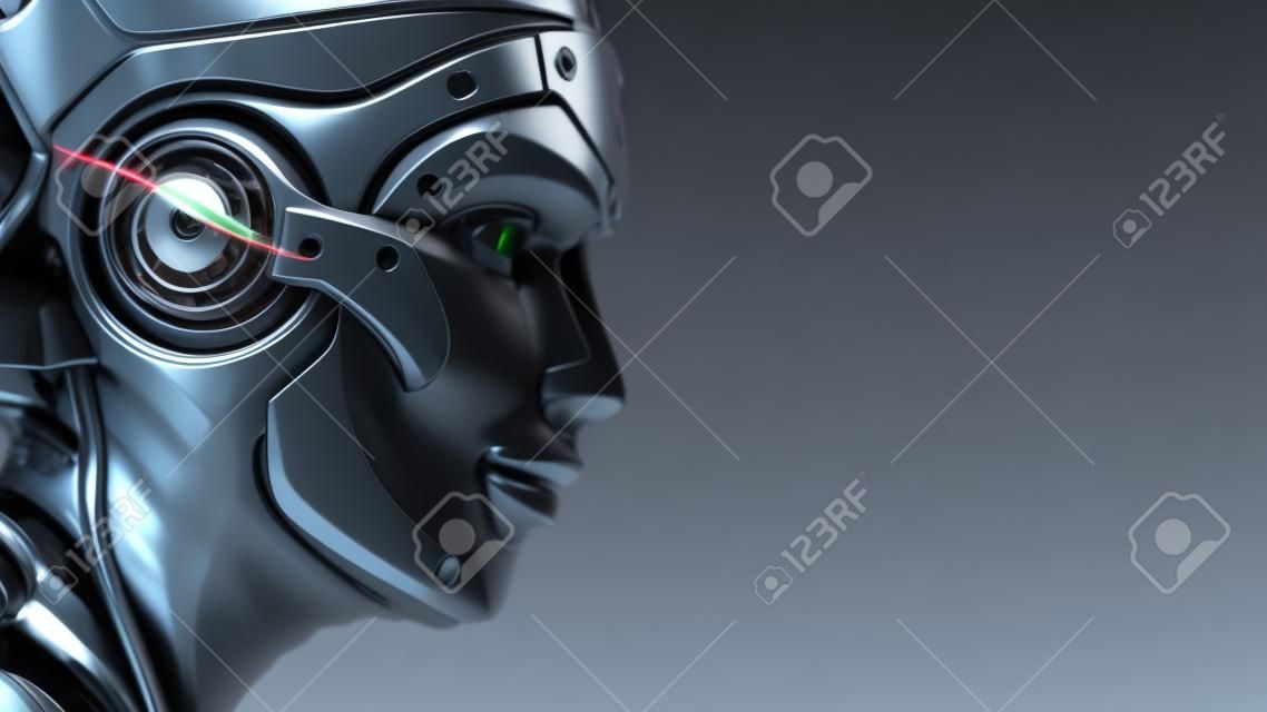 Retrato de closeup da cabeça do robô. Conceito de design artificial. 3d render