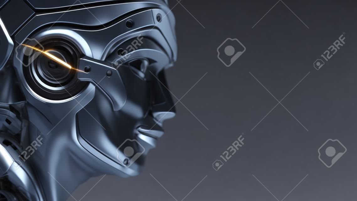 Closeup retrato de cabeza de robot. Concepto de diseño artificial. Render 3d