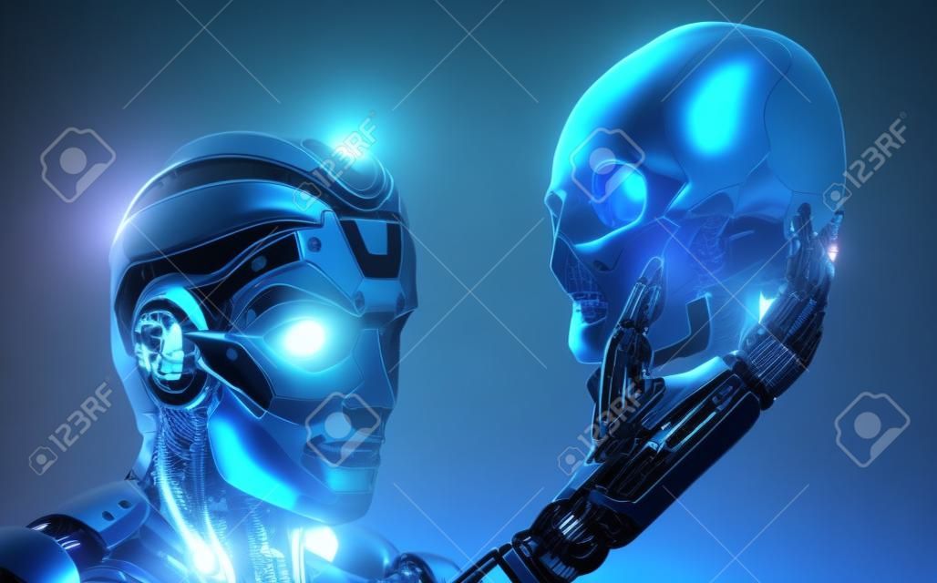 Robô com Inteligência Artificial observando crânio humano no mundo do organismo cibernético evoluído. 3d rendered image