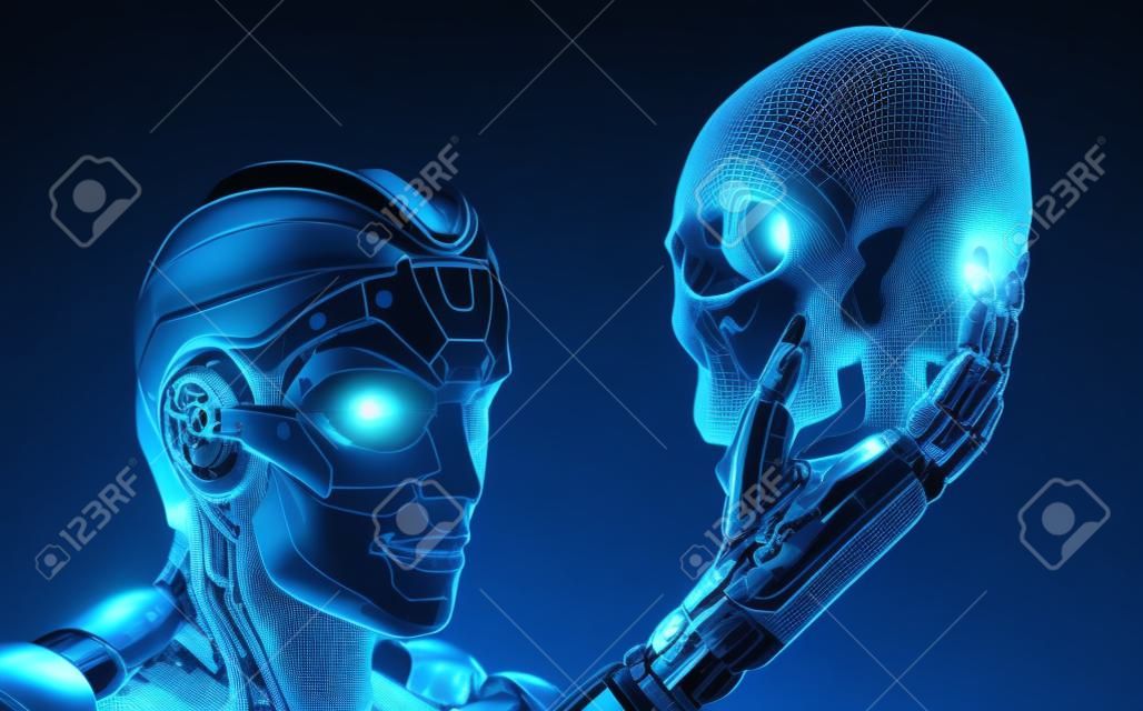 Robô com Inteligência Artificial observando crânio humano no mundo do organismo cibernético evoluído. 3d rendered image