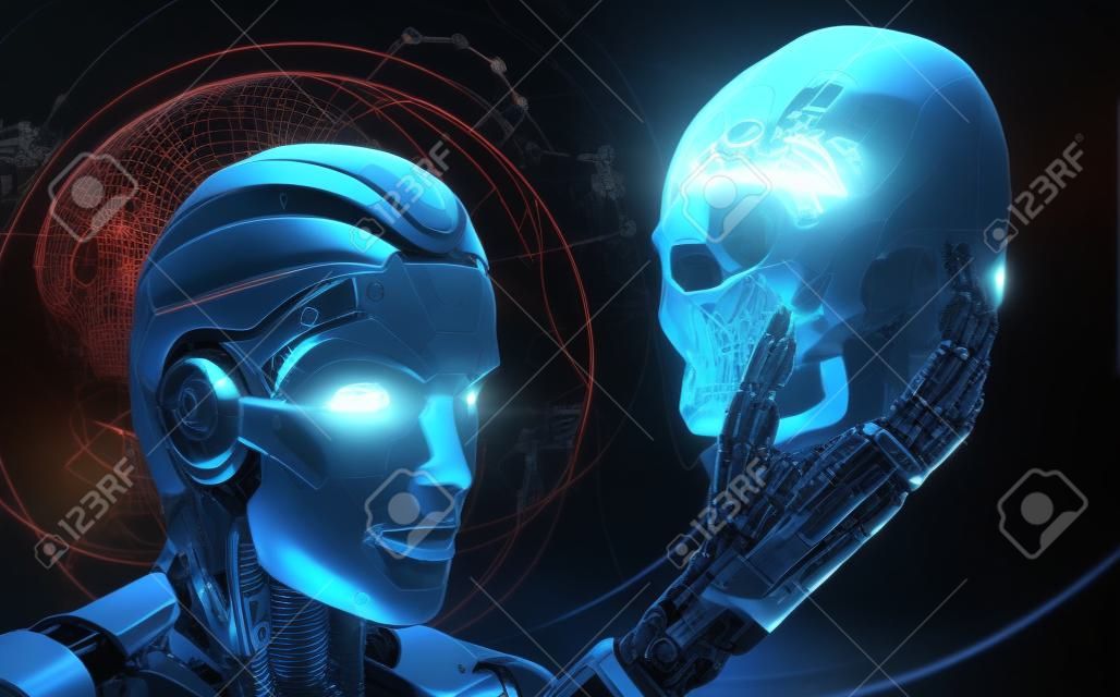Evrimleşmiş Sibernetik organizma dünyasında insan kafatasını gözlemleyen Yapay Zekalı Robot. 3d render görüntü