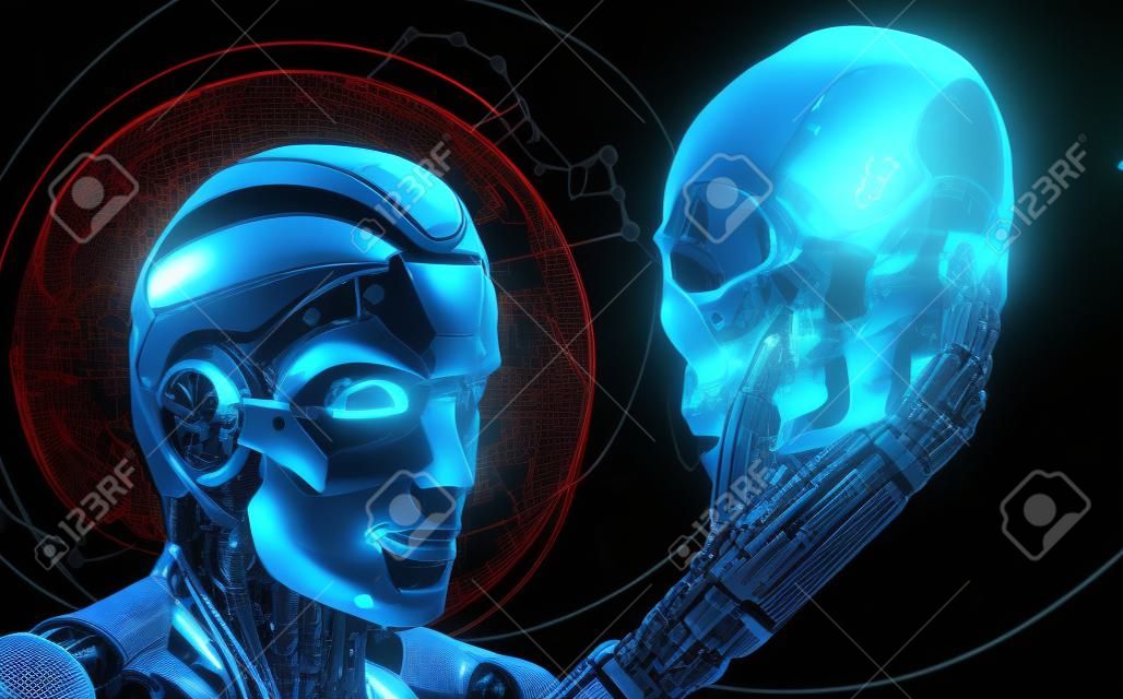 진화 된 인공 두뇌 생물 세계에서 인간의 두개골을 관찰하는 인공 지능 로봇. 3 차원 렌더링 된 이미지
