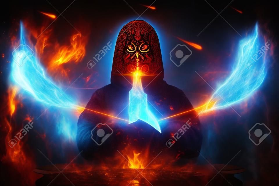 View of wizard with mask spelling witchcraft. Fire element. 3D illustration.